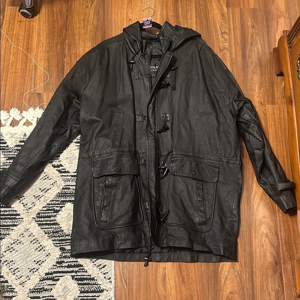 #51 WILSON LEATHER BLACK HEAVY DUTY HOODED PADDED LEATHER JACKET MEN SIZE XL - Picture 2 of 9